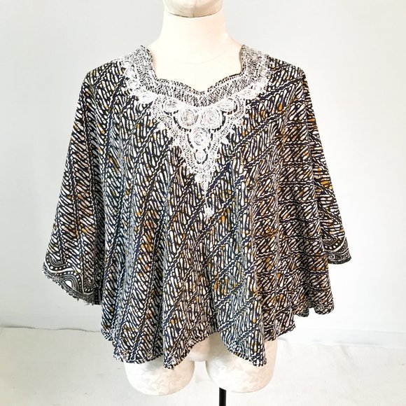 Vintage 70s OS African Print Poncho Cape Layer - Picture 1 of 8